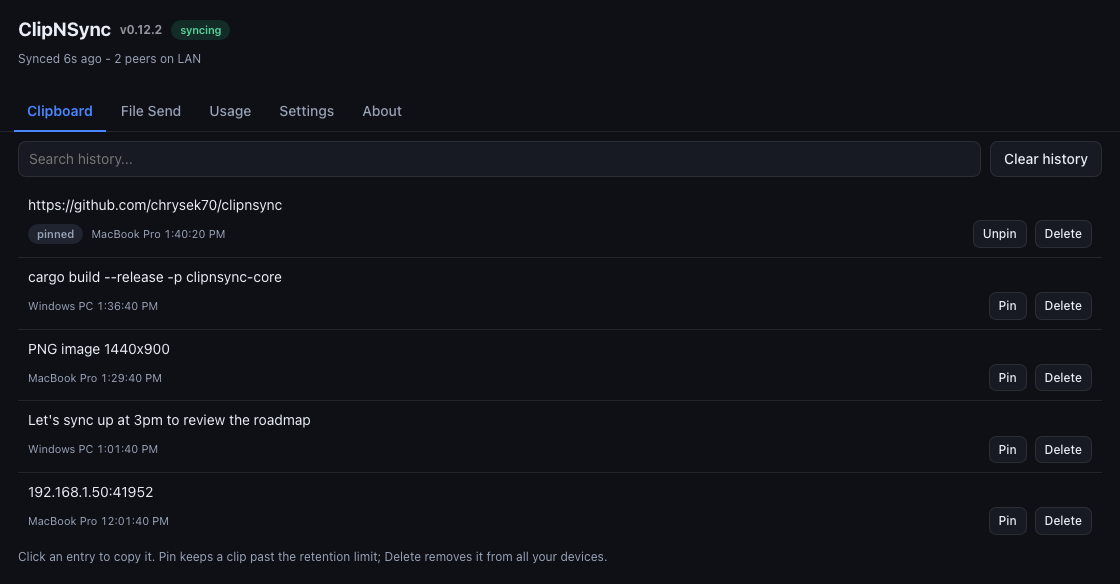 ClipNSync clipboard history with search, a pinned clip, and per-clip pin and delete across devices