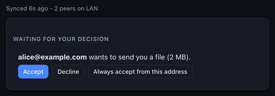 ClipNSync incoming file offer from a contact, with Accept, Decline, and Always accept from this address