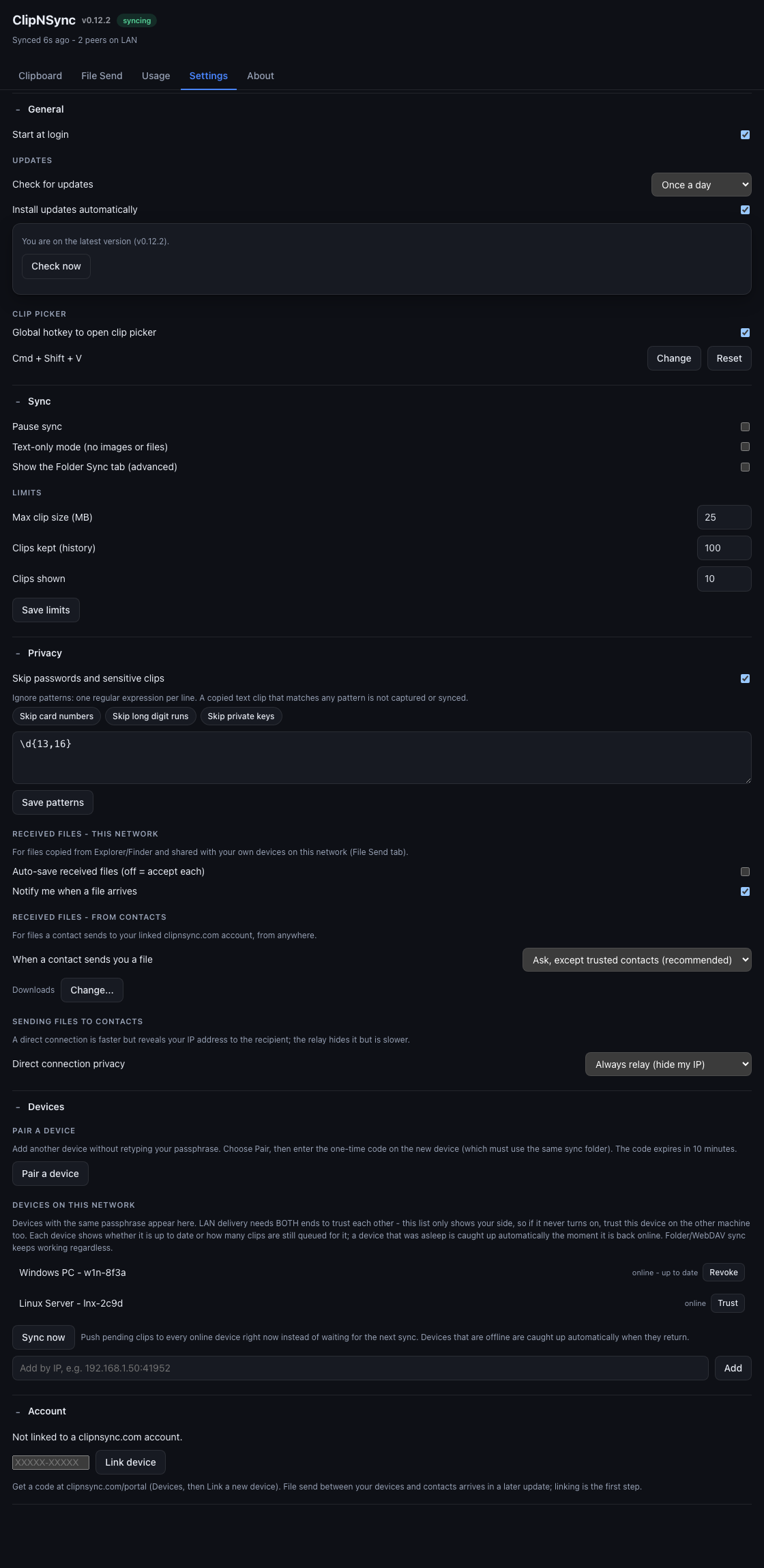 ClipNSync settings: automatic updates, the clip-picker global hotkey shown in your platform's own keys, skip passwords and sensitive clips, ignore patterns, device pairing, and trusted LAN devices